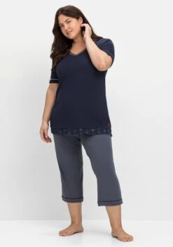 Sheego Schlafshirt Mit Kontrastdetails Und V-Ausschnitt -Sheego Verkaufe 14698500018 04O6A 02 SH