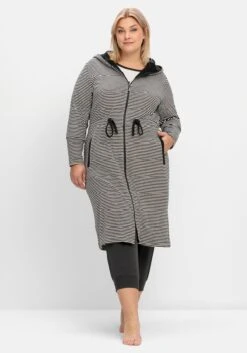 Sheego Gestreifter Frottee-Bademantel Mit Kapuze