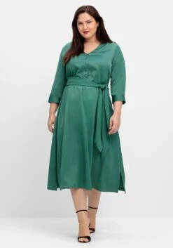 Sheego Kleid Aus Crêpe-Satin, Mit 3/4-Arm Und Bindeband