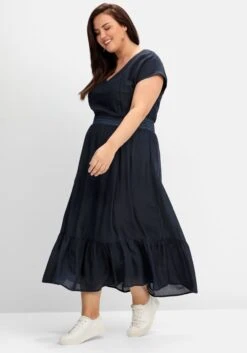 Sheego Maxikleid Mit Smokbund Und Volant Am Saum